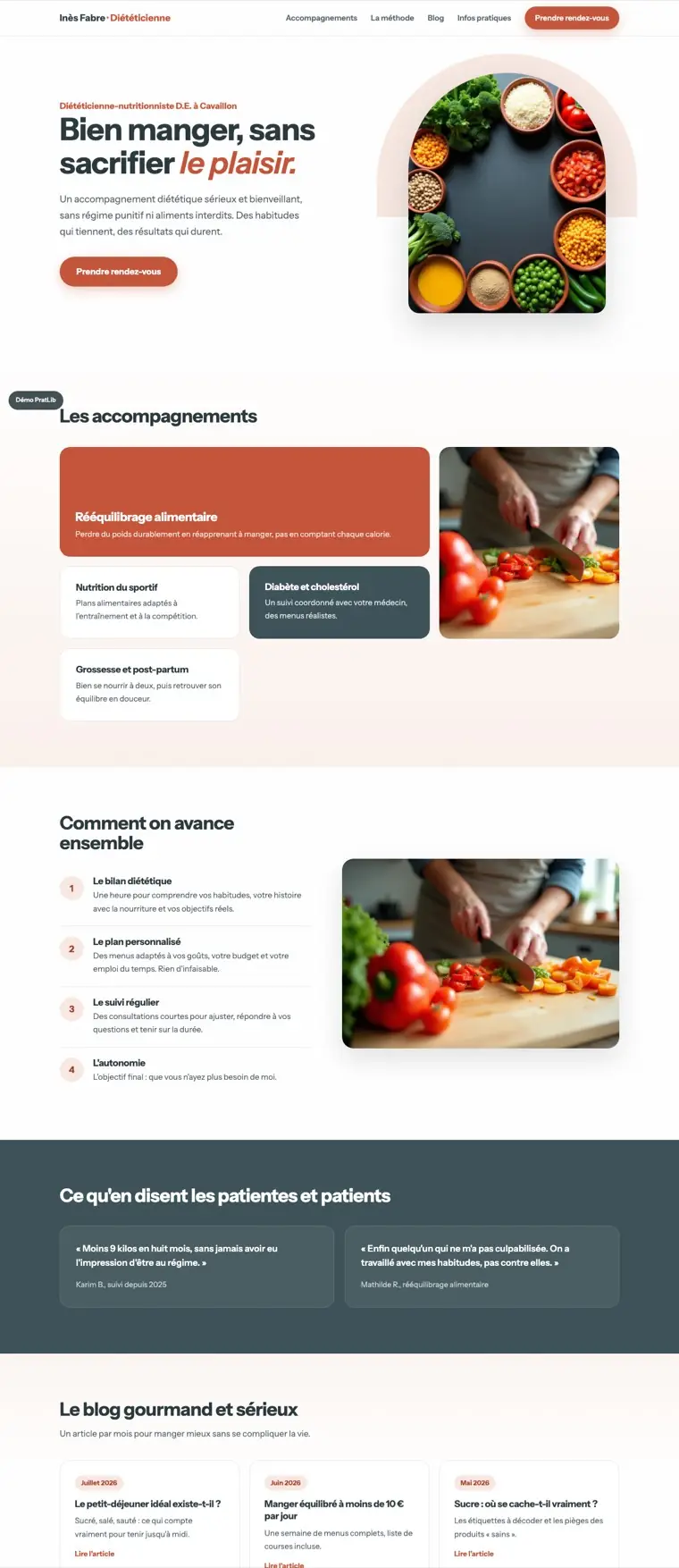 Exemple de site internet de diététicienne-nutritionniste réalisé par PratLib