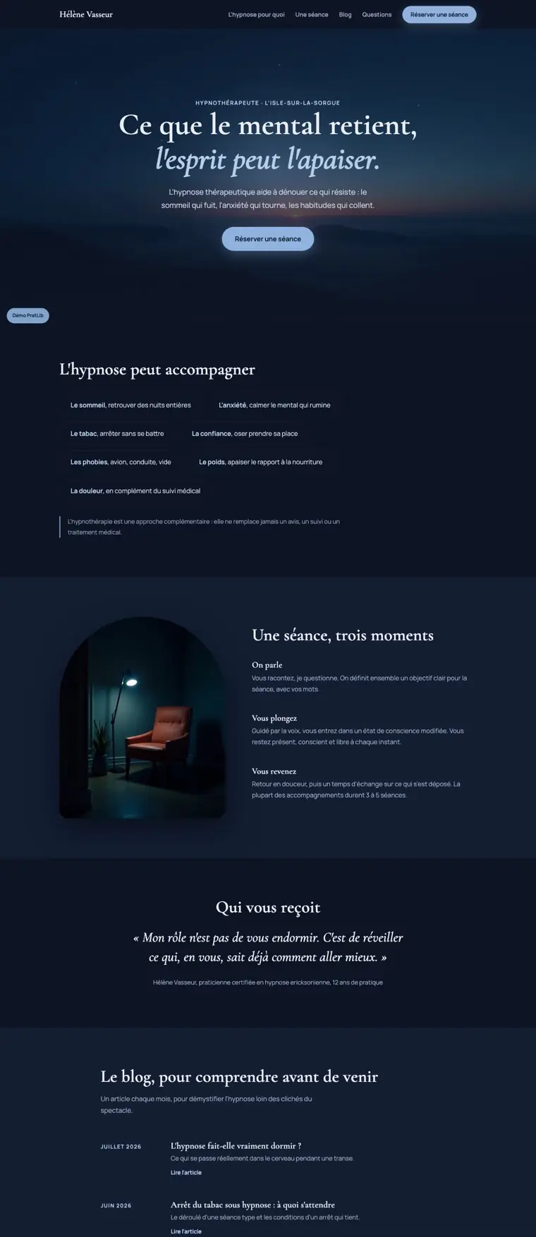 Exemple de site internet d'hypnothérapeute réalisé par PratLib