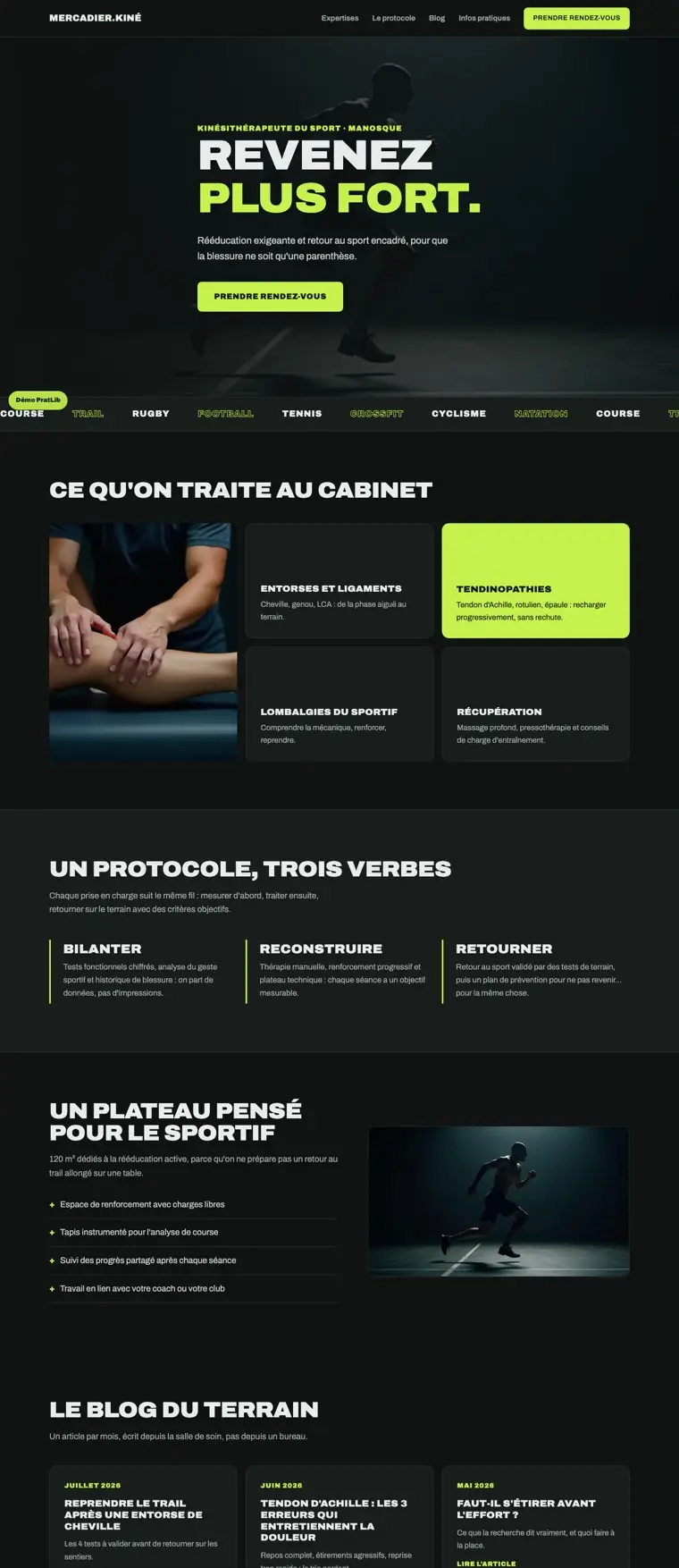 Exemple de site internet de kinésithérapeute du sport réalisé par PratLib
