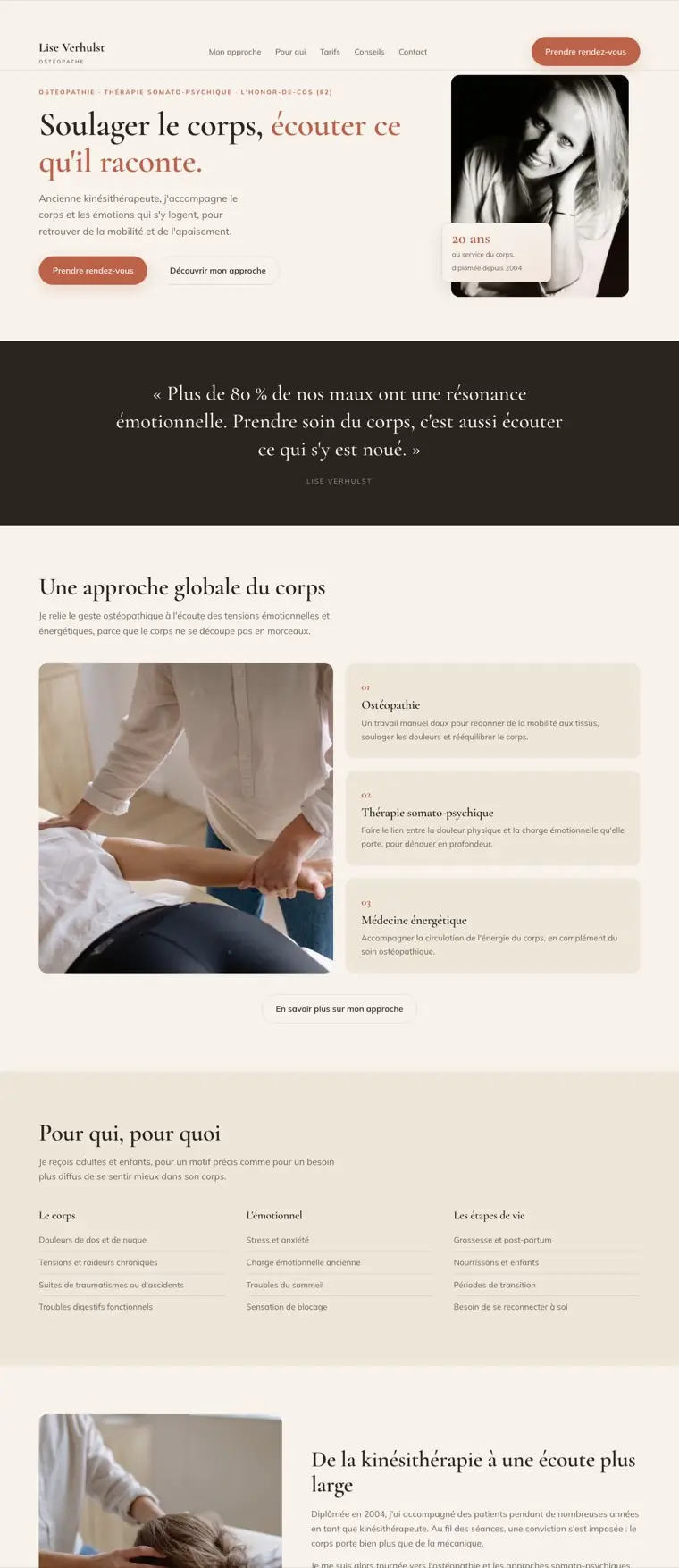 Site internet d'ostéopathe créé par PratLib : page d'accueil du cabinet de Lise Verhulst