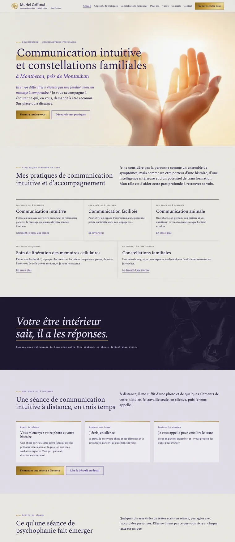 Site internet de communication intuitive et constellations familiales créé par PratFlow : page d'accueil du site de Muriel Caillaud à Montbeton