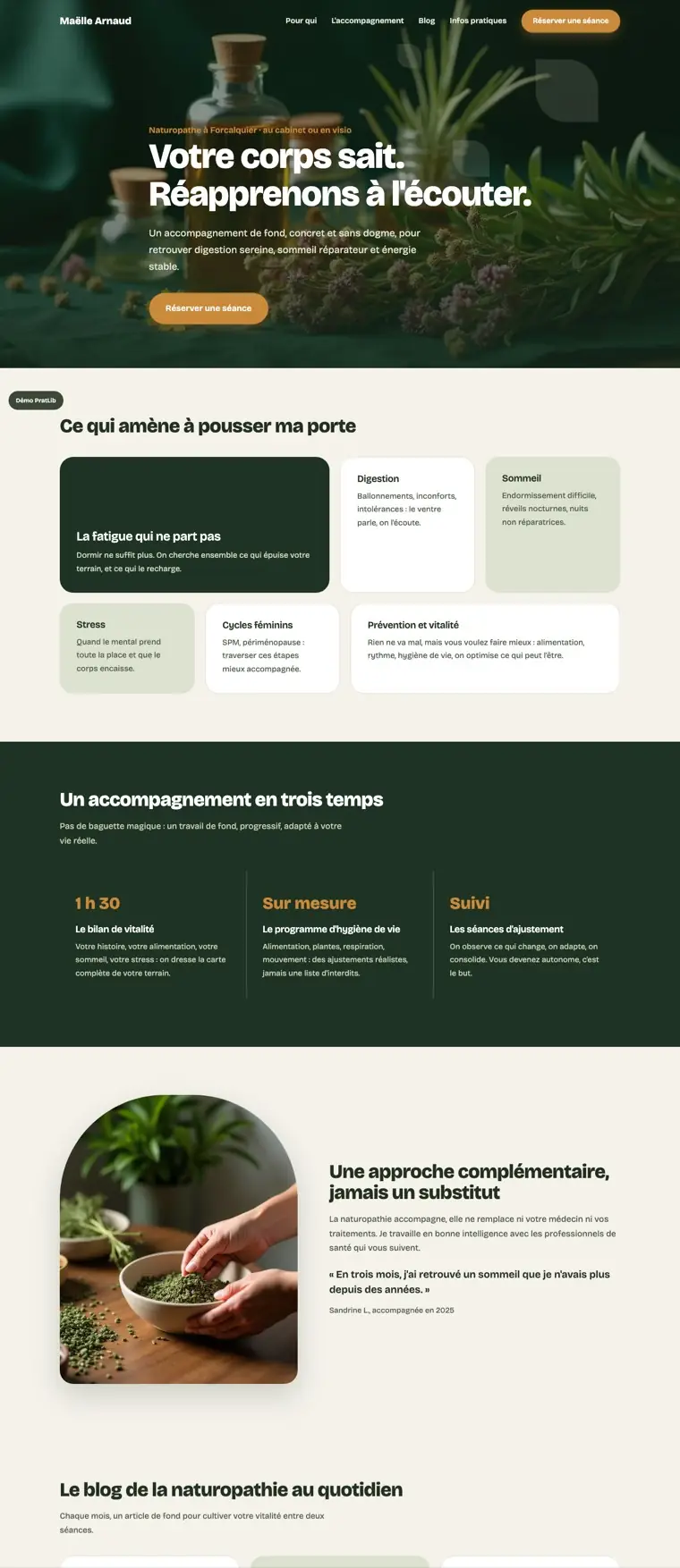 Exemple de site internet de naturopathe réalisé par PratLib