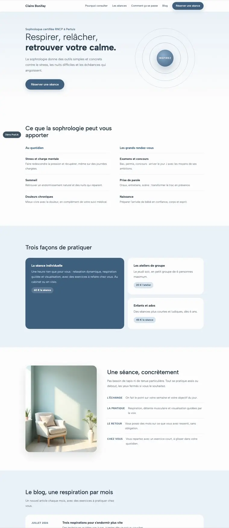 Exemple de site internet de sophrologue réalisé par PratLib