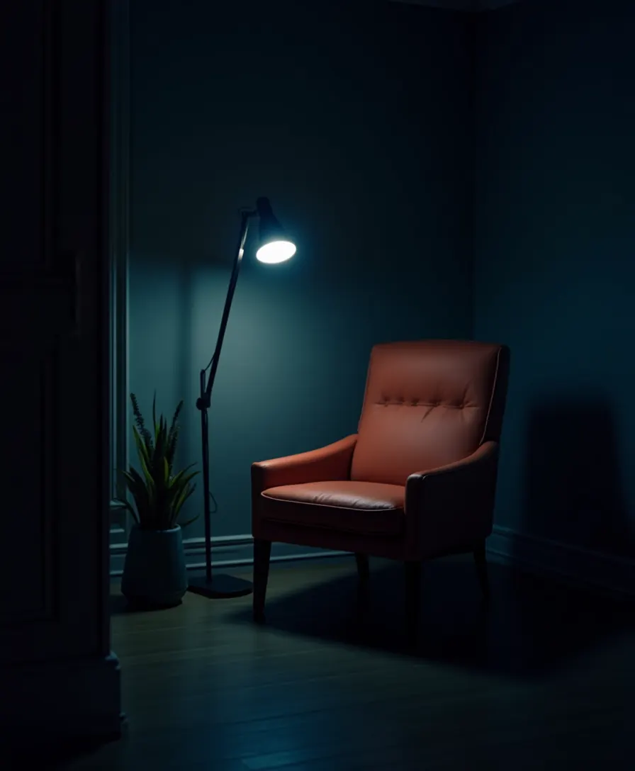 Le cabinet, un fauteuil sous une lumière douce